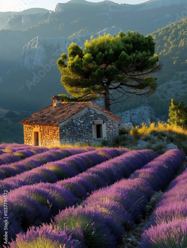 Serene lavender fields with a stone house and pine tree at sunset in the countryside. Generative AI