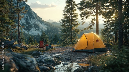 A serene camping scene featuring a yellow tent by a stream surrounded by tall trees and mountains in the background.