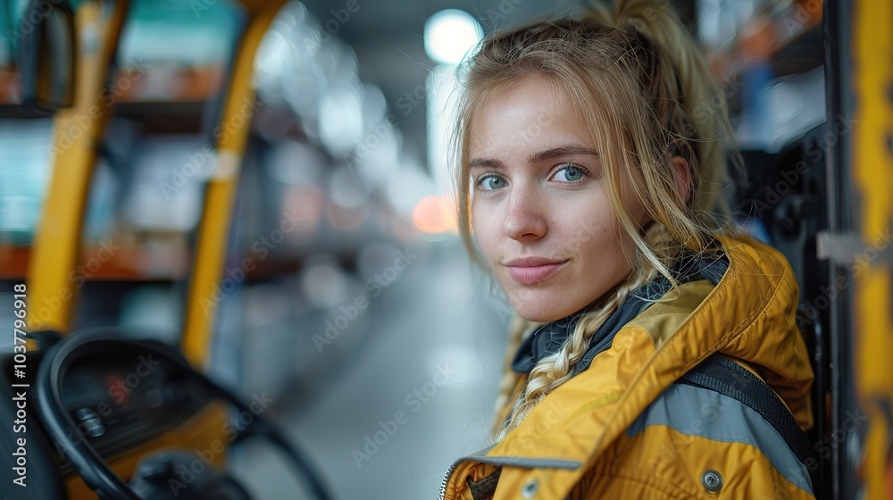 close-up of a young woman in a yellow jacket seated in what looks like a vehicle, possibly a forklift, inside a warehouse. close-up of a young woman in a yellow jacket seated in what looks like a vehicle, possibly a forklift, inside a warehouse.