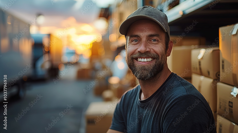 smiling man in a casual t-shirt and cap is sitting outside, surrounded by boxes and trucks in the background. smiling man in a casual t-shirt and cap is sitting outside, surrounded by boxes and trucks in the background.