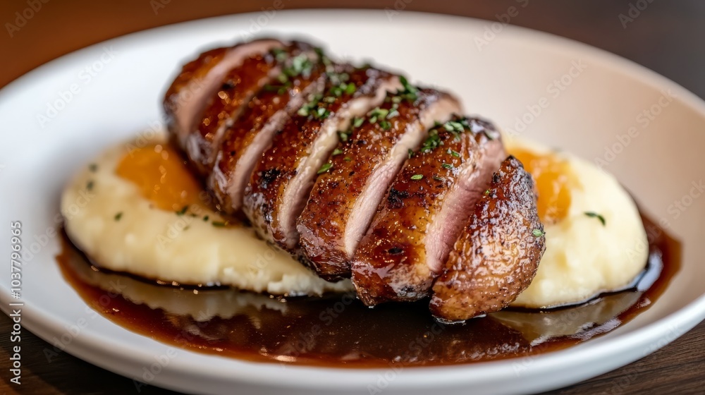 A seared duck breast served with a tangy orange sauce, buttery mashed potatoes, and caramelized endives, with the citrus glaze balancing the richness of the duck. A seared duck breast served with a tangy orange sauce, buttery mashed potatoes, and caramelized endives, with the citrus glaze balancing the richness of the duck.