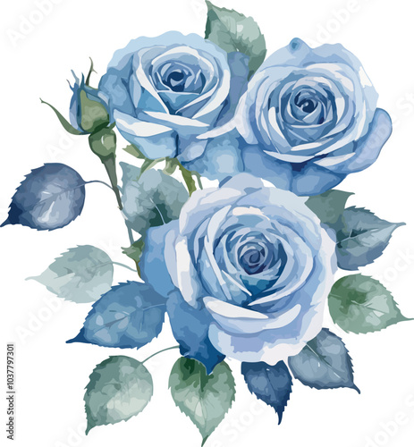 a watercolor painting of blue roses with leaves.