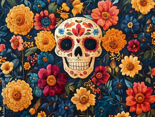 Skull Adorned with a Bounty of Flowers. 