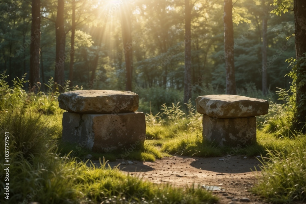 Ancient stone altar in a sunlit forest, evoking a sense of mystery and history. Ancient stone altar in a sunlit forest, evoking a sense of mystery and history.