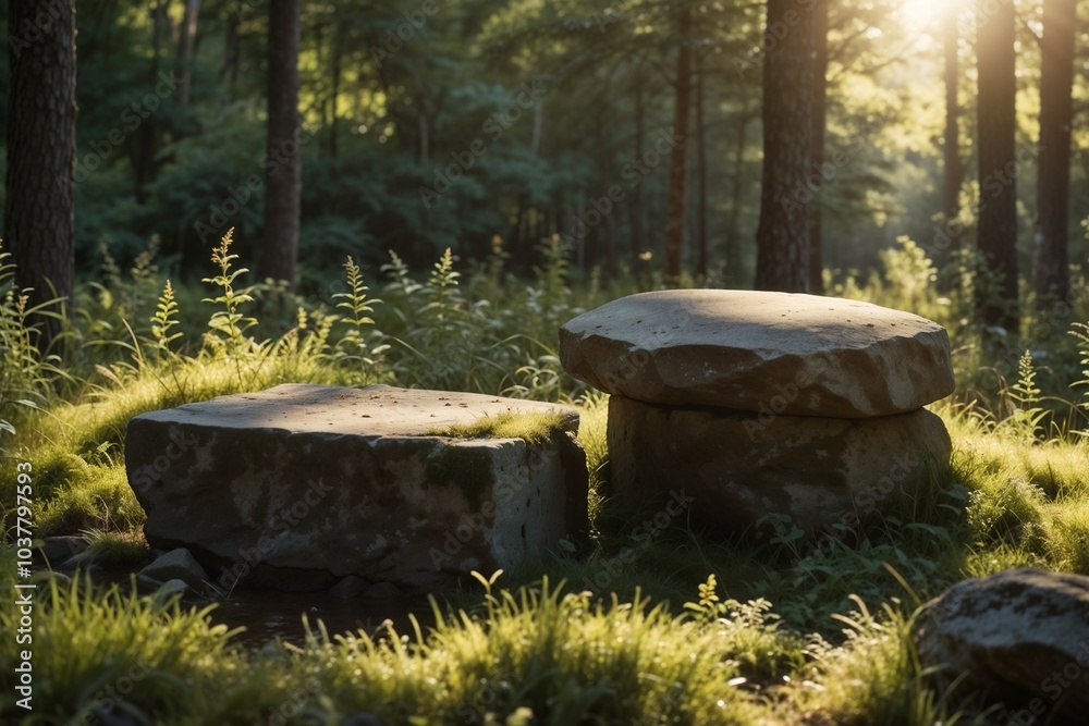 Ancient stone altar in a sunlit forest, evoking a sense of mystery and history. Ancient stone altar in a sunlit forest, evoking a sense of mystery and history.