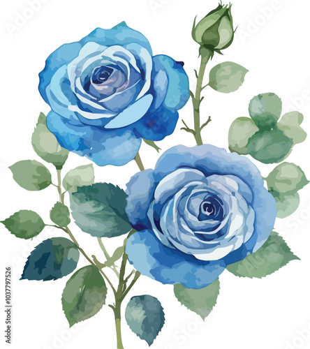 a watercolor painting of blue roses with leaves.