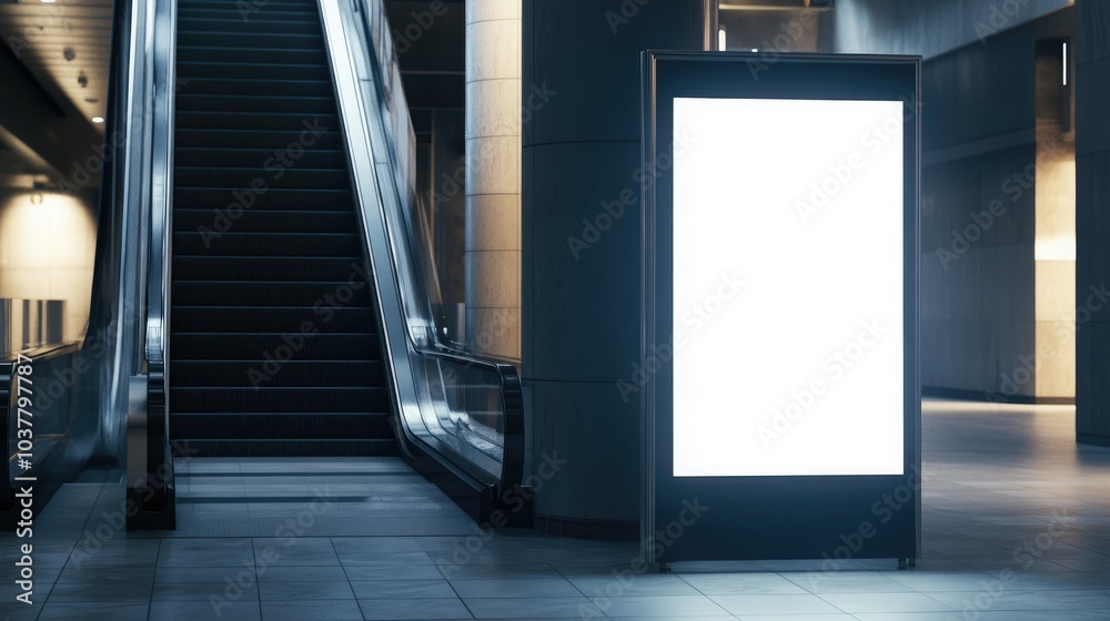 Blank poster media template in a subway station with escalator Blank poster media template in a subway station with escalator