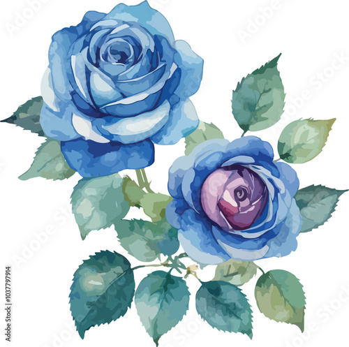 a watercolor painting of blue roses with leaves.