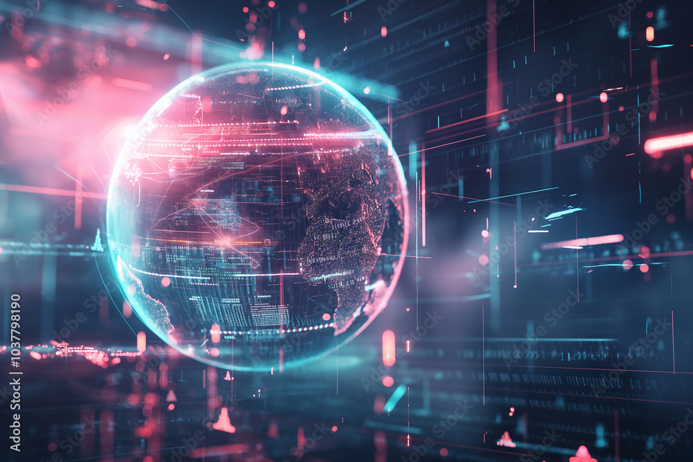 Fototapeta premium tech background wallpaper Digital sphere made of intersecting light beams, surrounded by floating geometric shapes and glowing data streams.