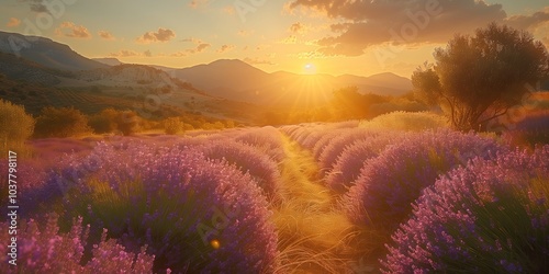 Vibrant lavender fields at sunset with mountains in the background. Generative AI