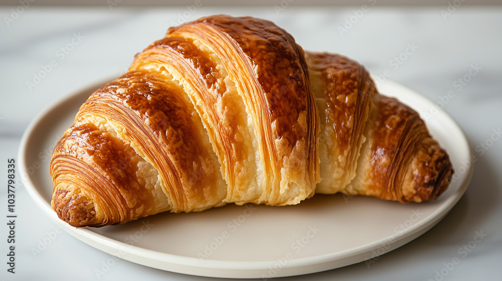 Golden Croissant on a Simple White Plate with Flaky Layers and Buttery Crust – Image made using Generative AI Golden Croissant on a Simple White Plate with Flaky Layers and Buttery Crust – Image made using Generative AI