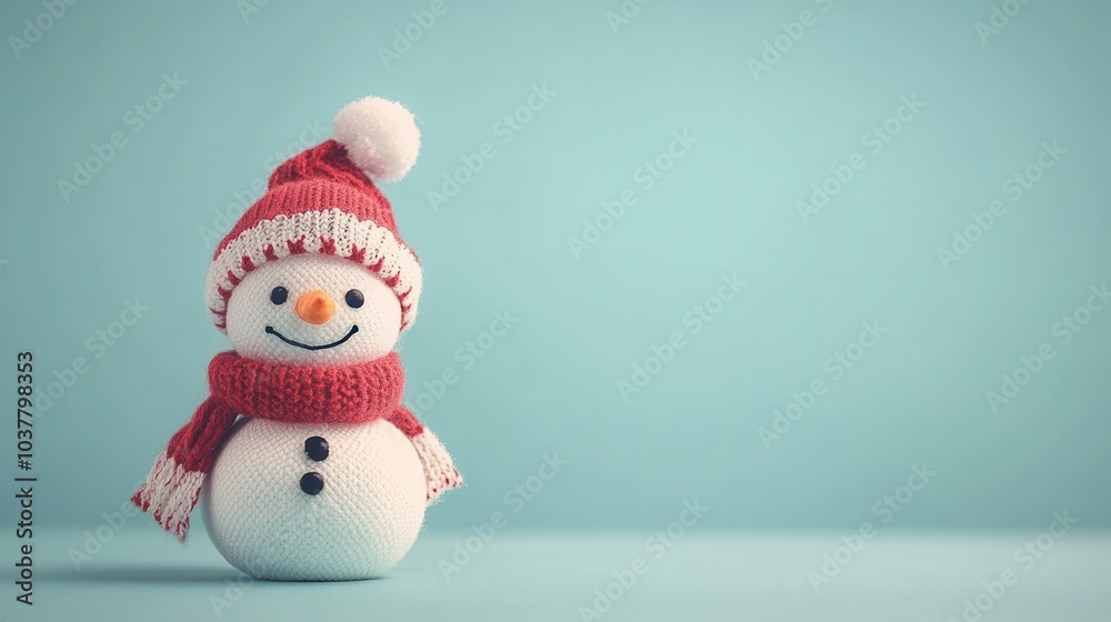 Cheerful snowman wearing a red knit Santa hat and scarf against a simple pastel blue background. Ideal for winter-themed designs, and holiday cards. Joy and the festive spirit concept Cheerful snowman wearing a red knit Santa hat and scarf against a simple pastel blue background. Ideal for winter-themed designs, and holiday cards. Joy and the festive spirit concept