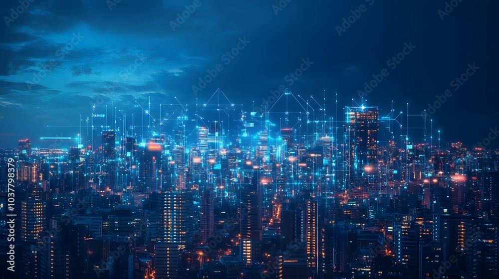 Fototapeta premium Business concept for information, communication , connection technology - panoramic modern city skyline bird eye aerial view under dramatic glow and beautiful dark blue sky.
