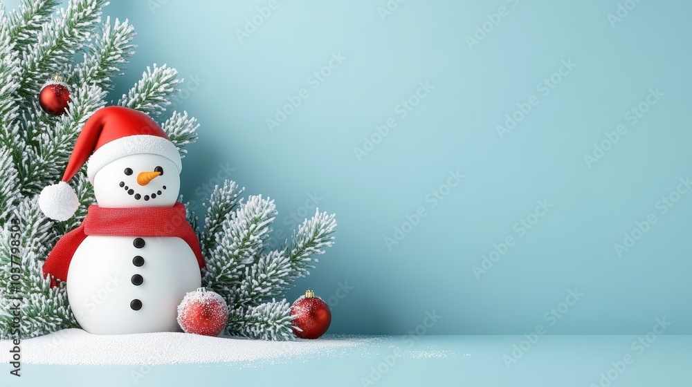 Snowman wearing a red scarf and Santa hat, placed beside snow-covered pine branches with Christmas ornaments, against a light blue background. Ideal for holiday greeting cards, winter-theme backdrops