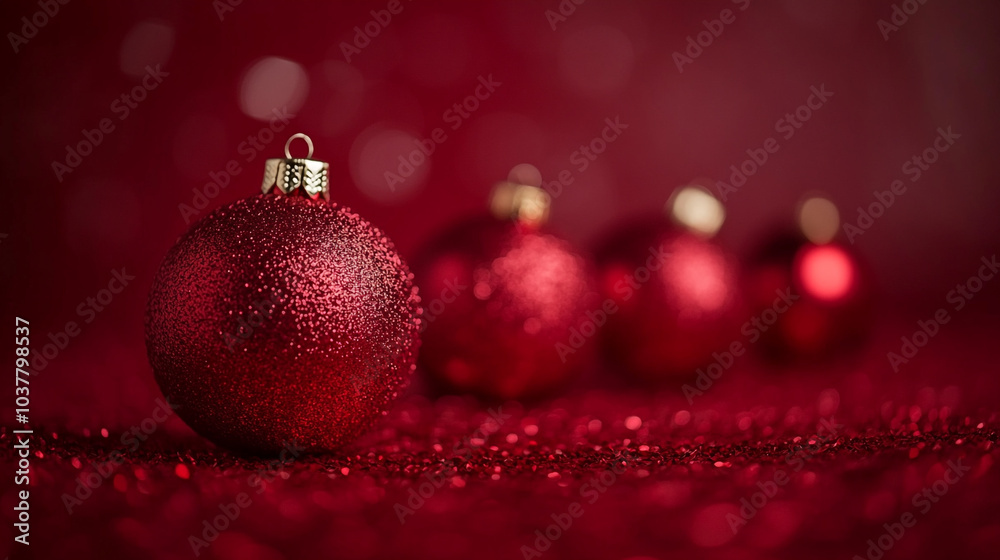 A festive display of red Christmas ornaments on a sparkling background during the holiday season A festive display of red Christmas ornaments on a sparkling background during the holiday season