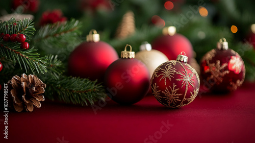 Beautifully decorated Christmas day podium with elegant ornaments and greenery