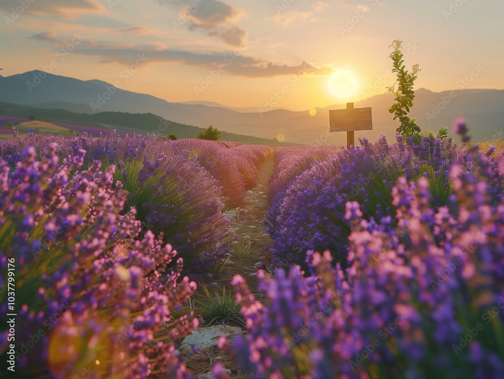 Obraz premium Lavender fields at sunset with mountains in the background near a wooden sign. Generative AI