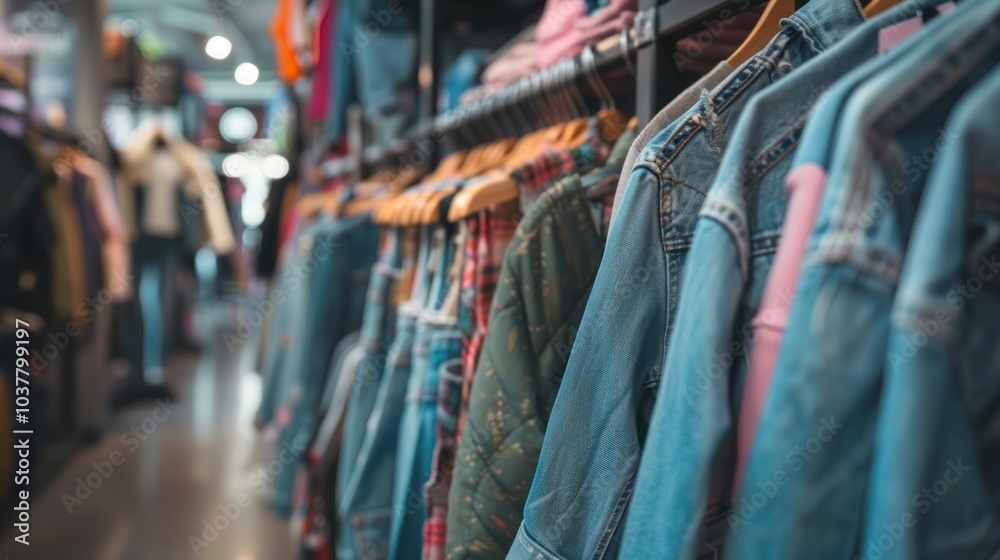 Obraz premium Closeup of Denim Jackets Hanging in a Clothing Store