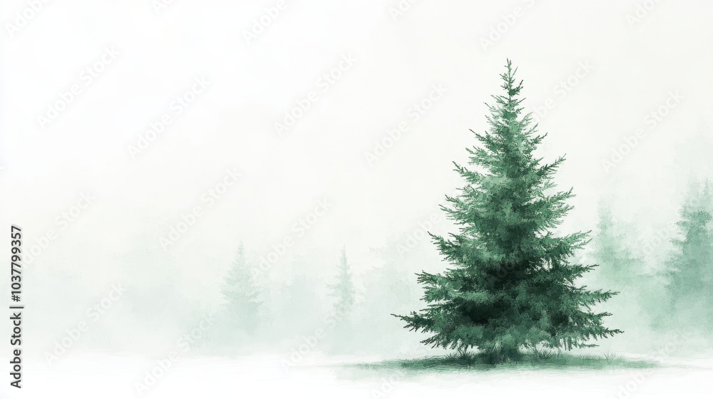 Fototapeta premium Solitary green pine tree against a misty soft watercolor background. Peaceful and serene winter landscape. Ideal for minimalist holiday cards, winter-themed designs, or backgrounds.