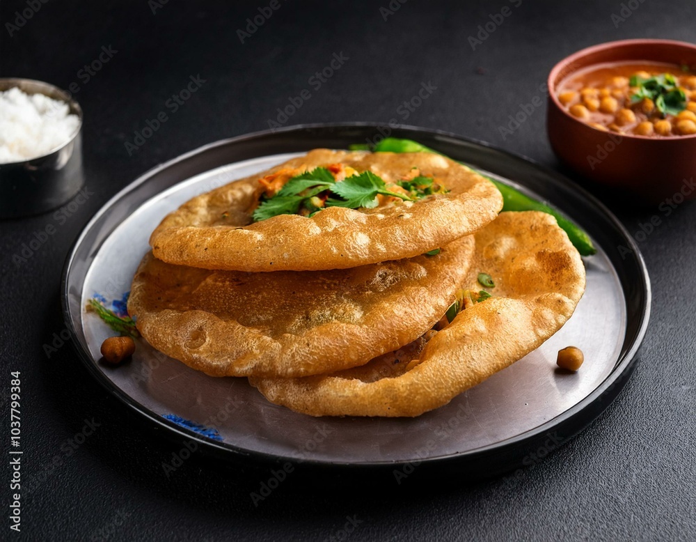 Chole Bhature on a plate on a black table
