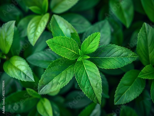 Fresh green tea leaves growing in a lush garden under natural sunlight. Generative AI