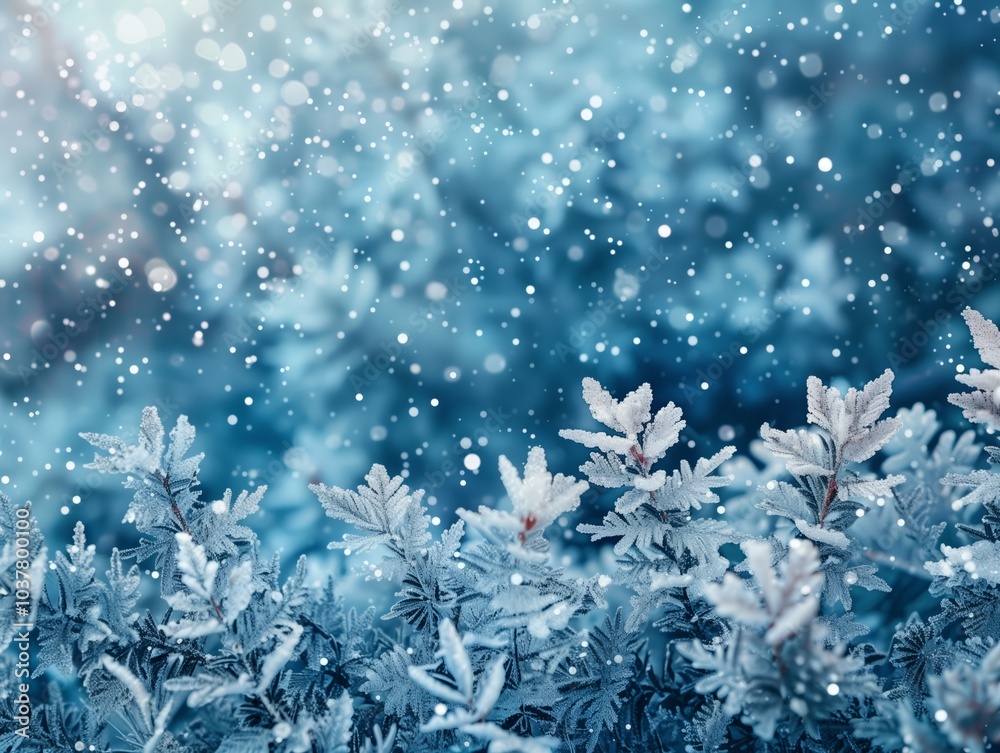 Snowfall gently blankets frosty foliage in a serene winter landscape. Generative AI Snowfall gently blankets frosty foliage in a serene winter landscape. Generative AI