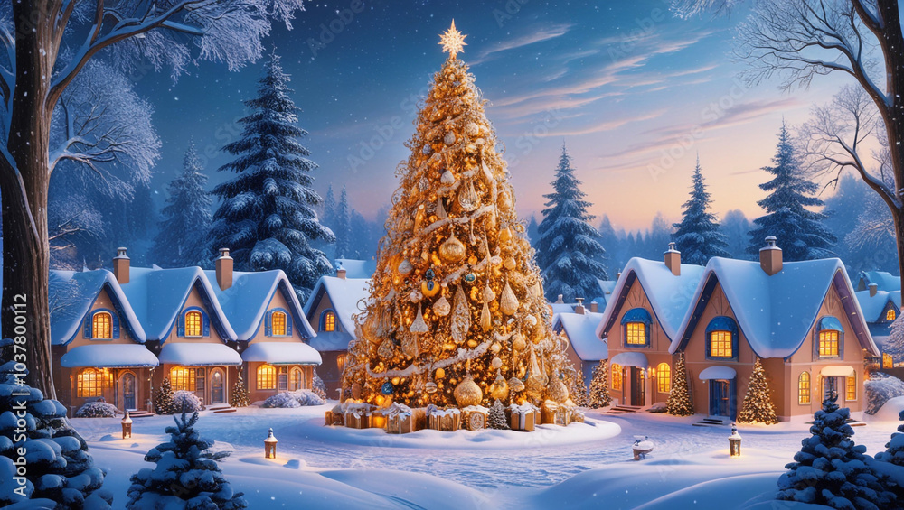Fototapeta premium Cozy Holiday Retreat: Cottages and a Christmas Tree in a Snowy Landscape