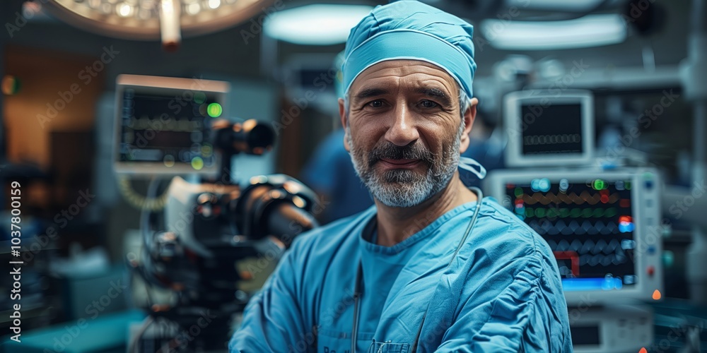 Surgeon in scrubs prepares at a modern operating room during a morning procedure. Generative AI Surgeon in scrubs prepares at a modern operating room during a morning procedure. Generative AI