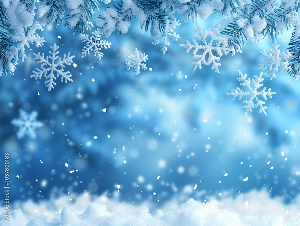 Snowflakes gently falling through a tranquil blue winter wonderland landscape. Generative AI Snowflakes gently falling through a tranquil blue winter wonderland landscape. Generative AI