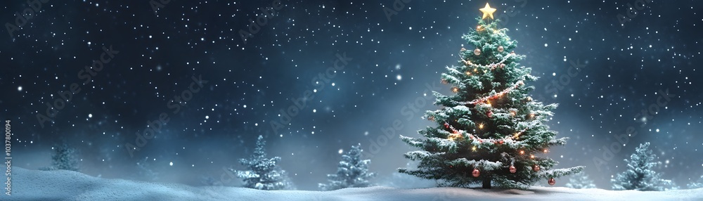 Obraz premium A Decorated Christmas Tree in a Snowy Forest at Night