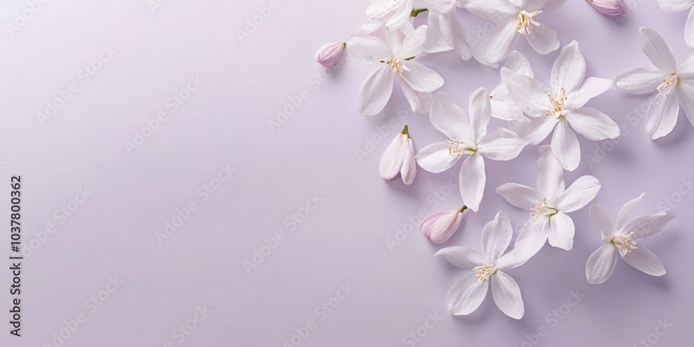 Fototapeta premium Exquisite White Floral Arrangement on a Subtle Purple Canvas: A Delicate Embodiment of Spring's Elegance
