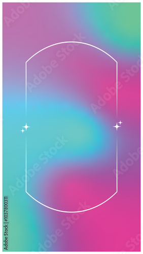 White decorative frame with sparkles on colorful gradient background in pink and turquoise hues