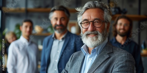 A confident senior leader smiles among team members in a modern office setting. Generative AI