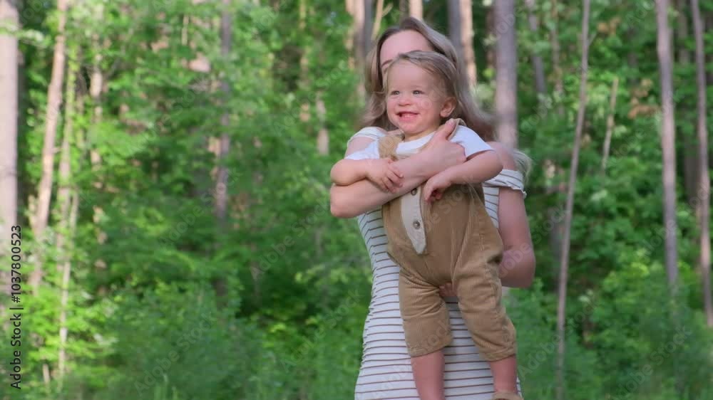 Woman caring for children in a wooded area, holding them close with love Woman caring for children in a wooded area, holding them close with love