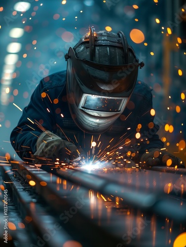 Welding sparks illuminate a craftsman at work in a workshop during evening hours. Generative AI