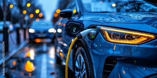 Electric vehicle charging in wet urban street during evening with traffic. Generative AI