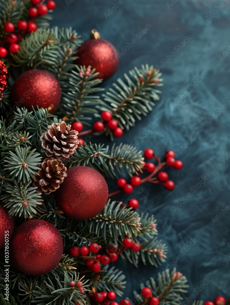 Festive decorations with red ornaments and pine branches for holiday season. Generative AI Festive decorations with red ornaments and pine branches for holiday season. Generative AI