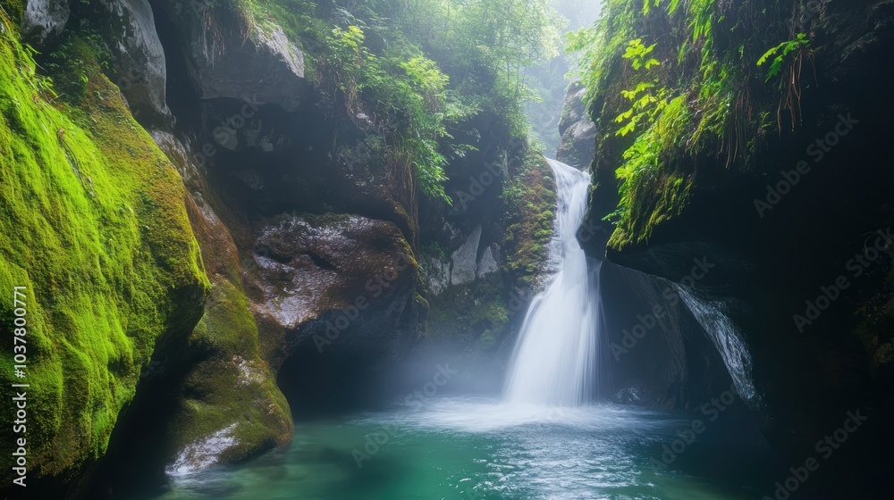 Serene Waterfall Cascading into Misty Pool Serene Waterfall Cascading into Misty Pool