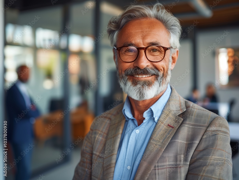 Confident businessman smiling in modern office during afternoon meeting. Generative AI Confident businessman smiling in modern office during afternoon meeting. Generative AI