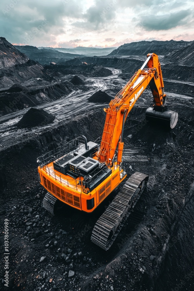 Coal mining in an open pit. Mining excavator loads coal in haul truck in quarry. Excavator digging in an open pit coal mine. Tipper truck hauling minerals from open-pit. Heavy machinery in opencast. Coal mining in an open pit. Mining excavator loads coal in haul truck in quarry. Excavator digging in an open pit coal mine. Tipper truck hauling minerals from open-pit. Heavy machinery in opencast.