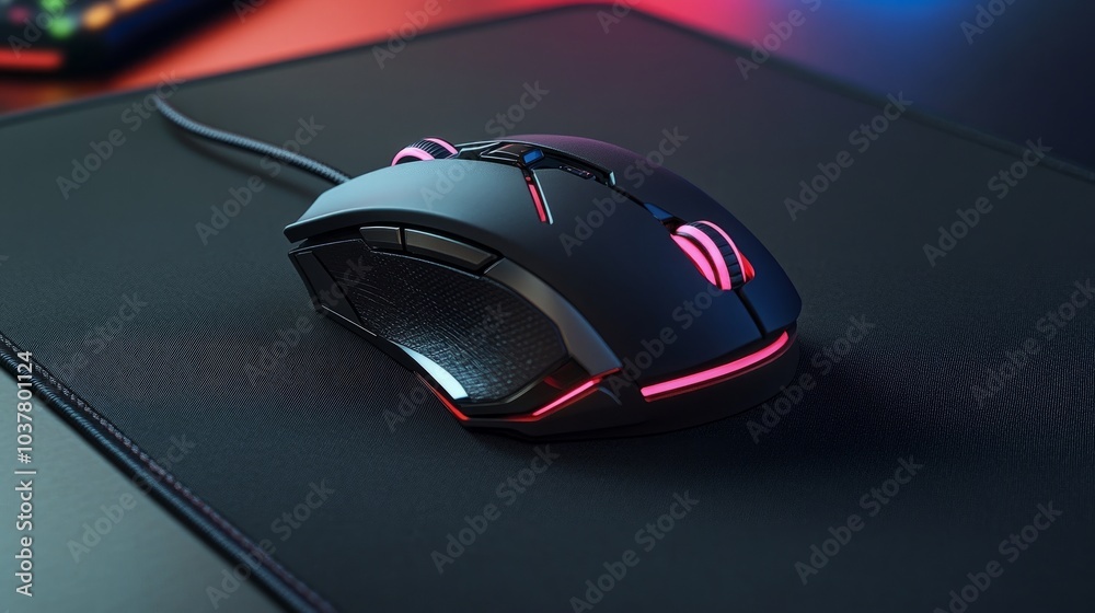 A high-end gaming mouse with customizable buttons sits perfectly on a professional mouse pad, creating a premium feel on a black background A high-end gaming mouse with customizable buttons sits perfectly on a professional mouse pad, creating a premium feel on a black background