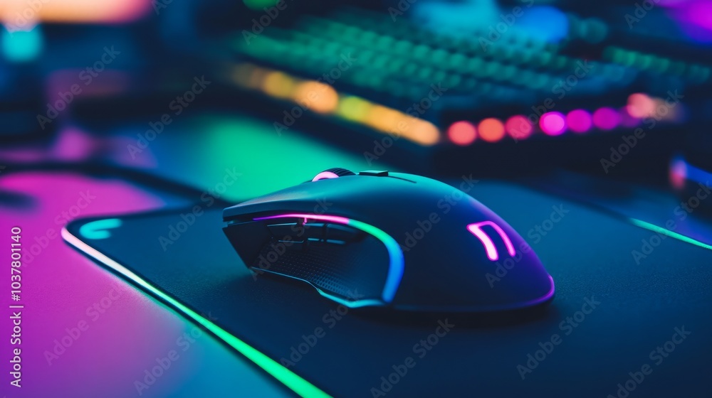 A high-end gaming mouse with customizable buttons sits perfectly on a professional mouse pad, creating a premium feel on a black background A high-end gaming mouse with customizable buttons sits perfectly on a professional mouse pad, creating a premium feel on a black background
