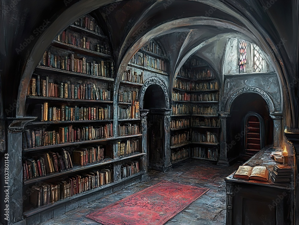 Dark Gothic Library Interior With Bookshelves And Stone Arches