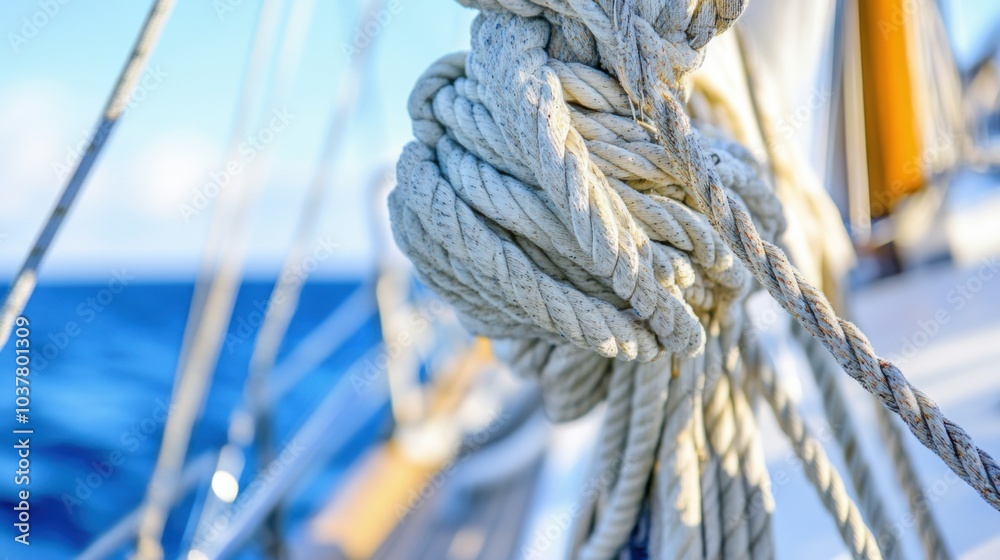 Obraz premium A sailing boat's rigging and ropes, coastal setting with clear blue sea, Nautical style