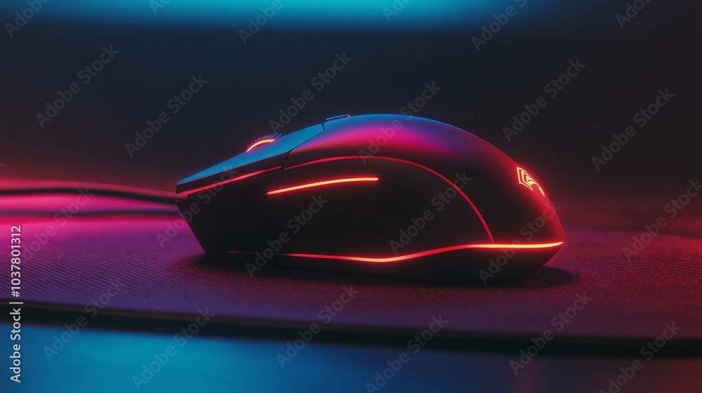Clean composition with a glowing gaming mouse resting on a textured mouse pad, ready for performance, against a dark surface Clean composition with a glowing gaming mouse resting on a textured mouse pad, ready for performance, against a dark surface