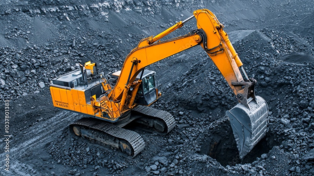 Coal mining in an open pit. Mining excavator loads coal in haul truck in quarry. Excavator digging in an open pit coal mine. Tipper truck hauling minerals from open-pit. Heavy machinery in opencast. Coal mining in an open pit. Mining excavator loads coal in haul truck in quarry. Excavator digging in an open pit coal mine. Tipper truck hauling minerals from open-pit. Heavy machinery in opencast.