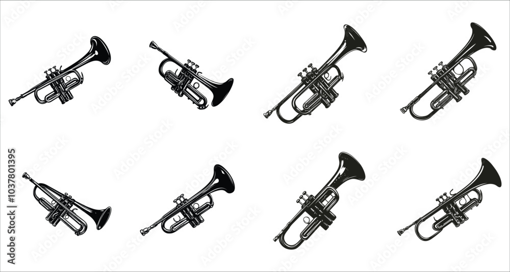 Trumpet silhouettes vector collection. Trumpet silhouettes vector elements. Artistic trumpet silhouettes vector art. Trumpet musical instrument silhouettes vector illustrations Trumpet silhouettes vector collection. Trumpet silhouettes vector elements. Artistic trumpet silhouettes vector art. Trumpet musical instrument silhouettes vector illustrations
