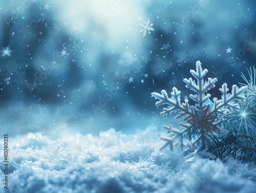 Winter snowflakes gently resting on the soft, glistening snow at twilight. Generative AI