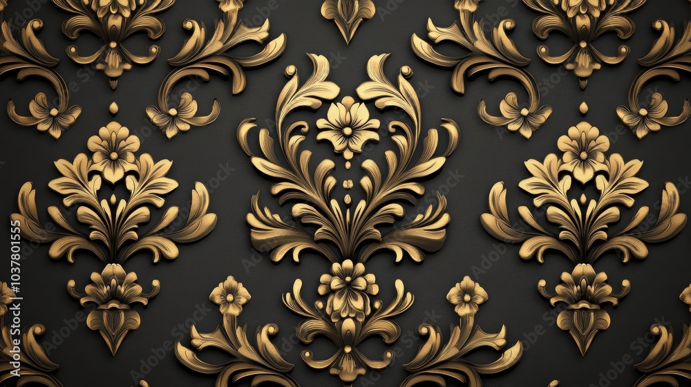 Ornate gold floral pattern on a dark background, ideal for wallpaper or decorative design. Ornate gold floral pattern on a dark background, ideal for wallpaper or decorative design.