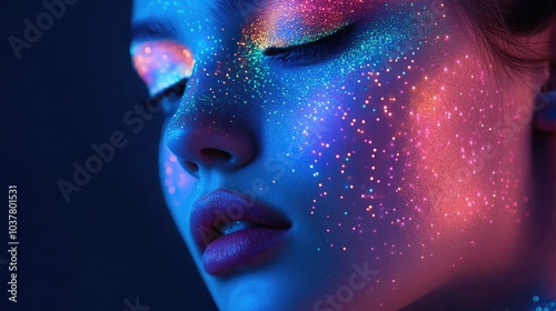 Close-up of woman's face with colorful light projections